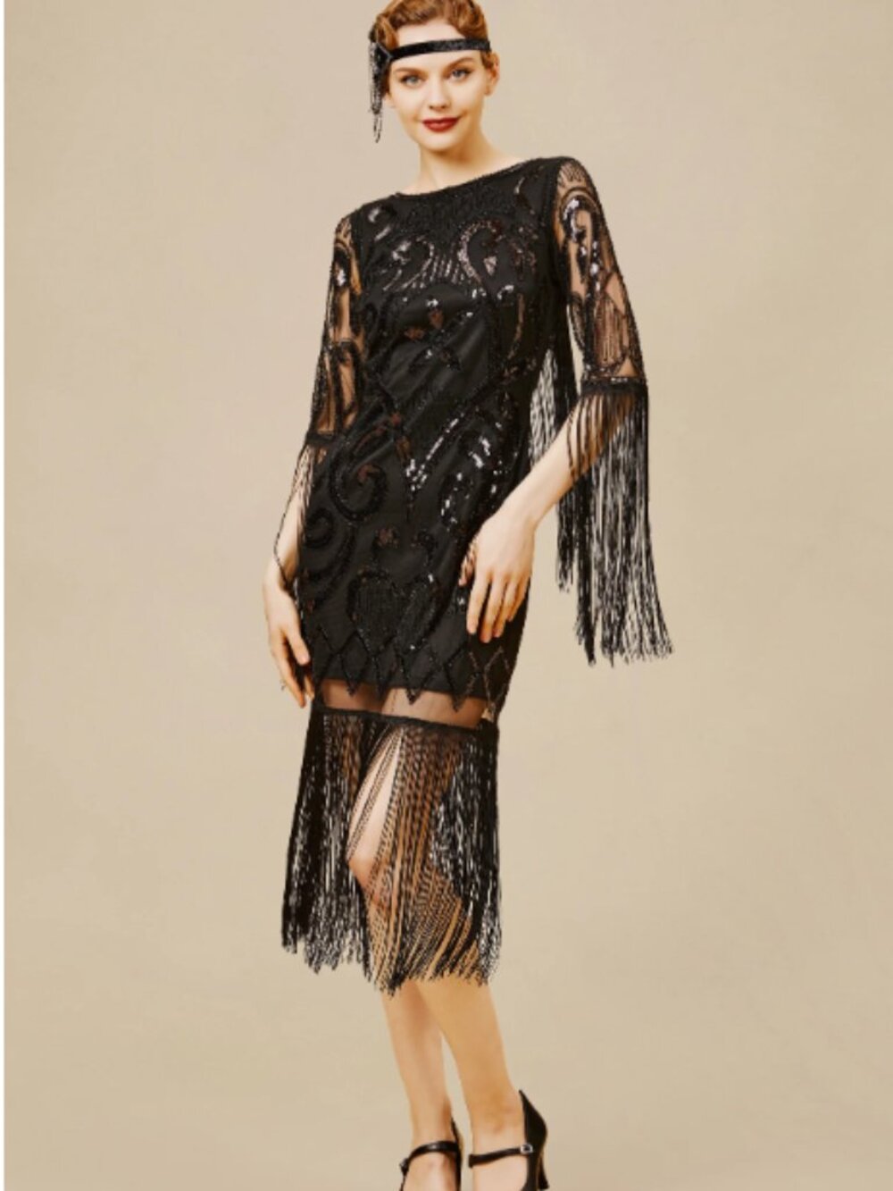 BABEYOND XL 1920s Flapper Dress Black Sequin Fringe Great Gatsby Art Deco